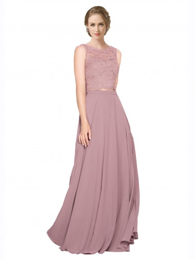Großhandel A-Linien Illusion Ausschnitt Chiffon Spitze Lange Brautjungfernkleider / Abiballkleider