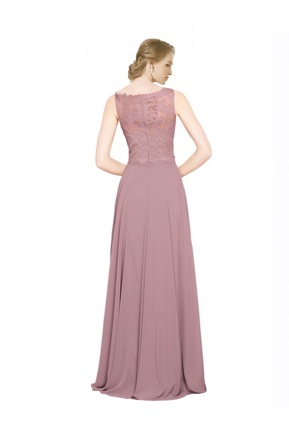 Großhandel A-Linien Illusion Ausschnitt Chiffon Spitze Lange Brautjungfernkleider / Abiballkleider