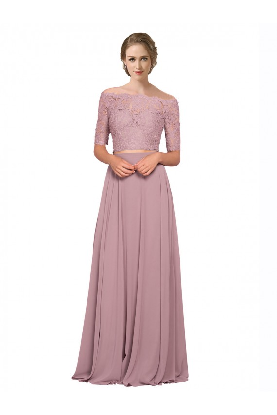 Großhandel A-Linien Off-Schulter Chiffon Spitze Lange Brautjungfernkleider / Abiballkleider