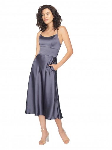 Großhandel A-Linien Scoop Midi Seidiger Satin Kurze Brautjungfernkleider / Abiballkleider / Cocktailkleider / Heimkehr Kleider