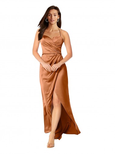 Großhandel A-Linien Spaghetti-Träger Seidiger Satin Lange Formale Brautjungfernkleider / Abendkleider / Abiballkleider