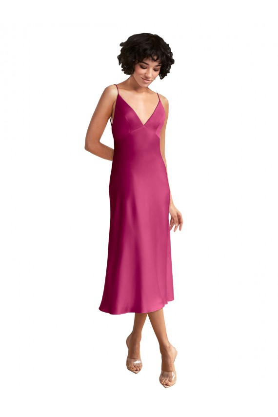 Großhandel A-Linien V-Ausschnitt Midi Stretch-Satin Kurze Formale Brautjungfernkleider / Abendkleider / Abiballkleider / Cocktailkleider / Heimkehr Kleider