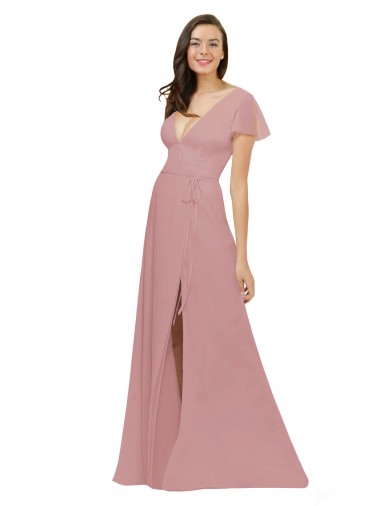 Großhandel Altrosa A-Linien V-Ausschnitt Chiffon Lange Brautjungfernkleider