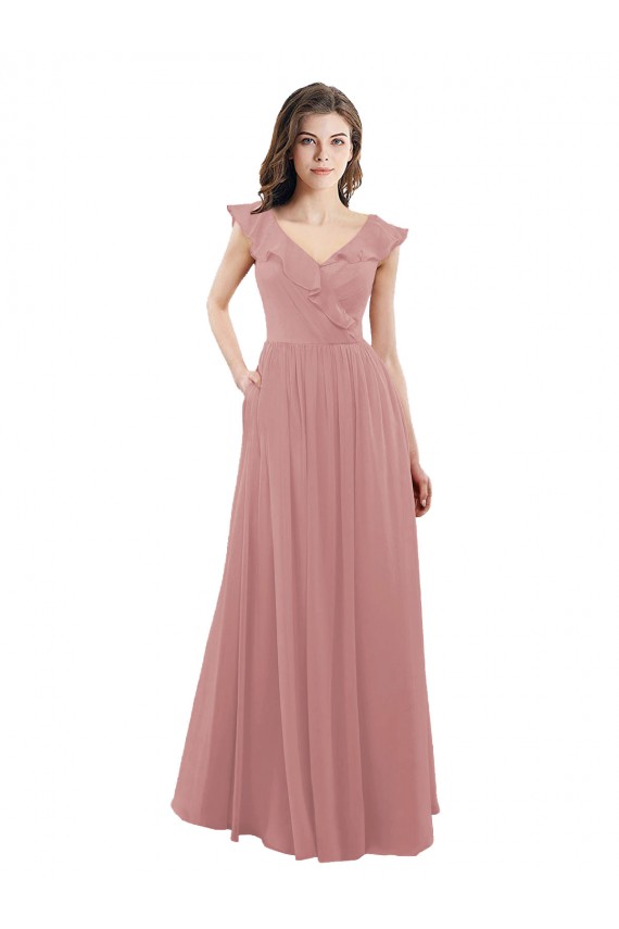 Großhandel Altrosa A-Linien V-Ausschnitt Chiffon Lange Brautjungfernkleider