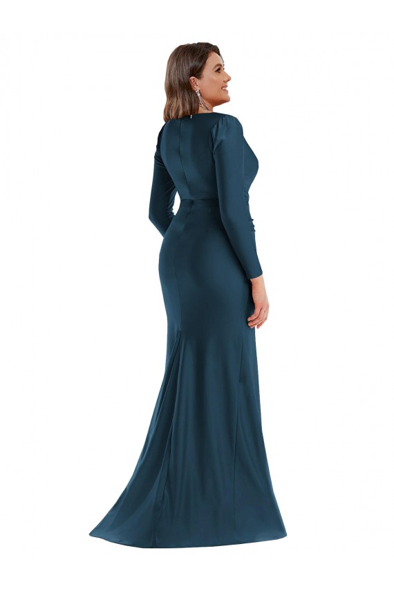 Großhandel Atlantikblau Meerjungfrau V-Ausschnitt Seidiger Satin Lange Formale Brautjungfernkleider / Abendkleider / Abiballkleider