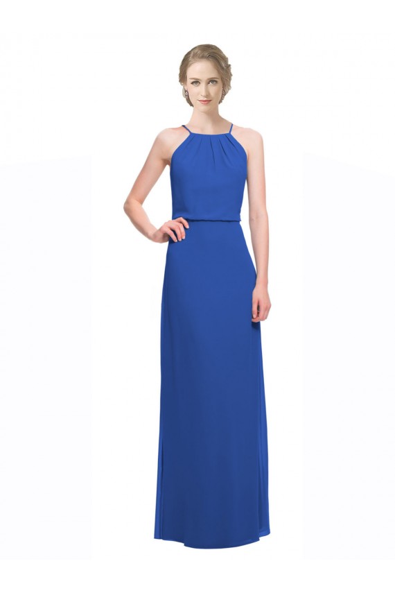 Großhandel Blau 135 A-Linien Spaghetti-Träger Chiffon Lange Brautjungfernkleider
