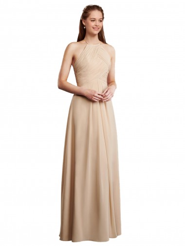 Großhandel Champagner A-Linien Neckholder Chiffon Lange Brautjungfernkleider