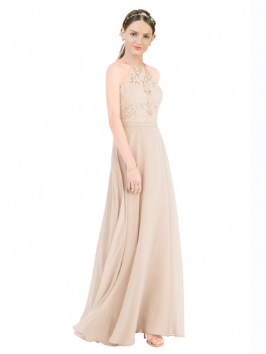 Großhandel Champagner A-Linien Neckholder Stehkragen Ausschnitt Chiffon Spitze Lange Brautjungfernkleider / Abiballkleider