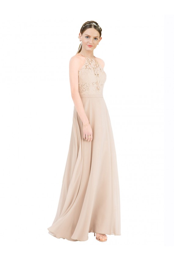 Großhandel Champagner A-Linien Neckholder Stehkragen Ausschnitt Chiffon Spitze Lange Brautjungfernkleider / Abiballkleider