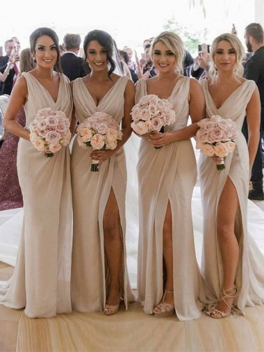 Großhandel Champagner A-Linien V-Ausschnitt Chiffon Lange Brautjungfernkleider