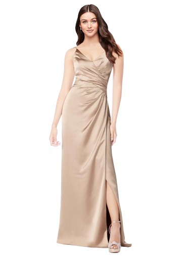Großhandel Champagner Rosa A-Linien Spaghetti-Träger V-Ausschnitt Seidiger Satin Lange Formale Brautjungfernkleider / Abendkleider / Abiballkleider