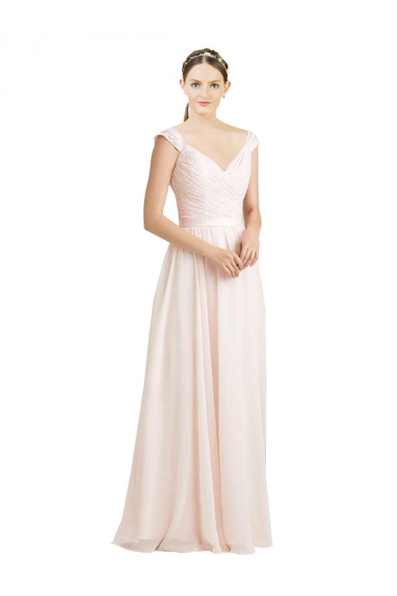 Großhandel Creme Rosa A-Linien Chiffon Spitze Lange Brautjungfernkleider