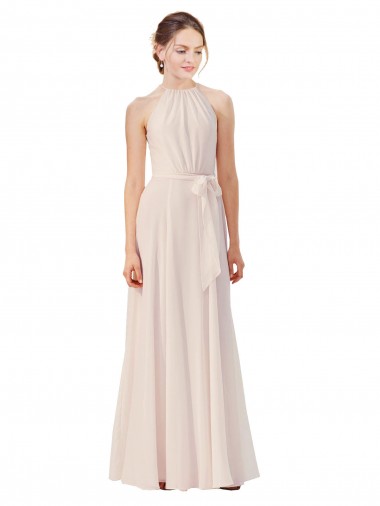 Großhandel Creme Rosa A-Linien Stehkragen Ausschnitt Chiffon Lange Brautjungfernkleider