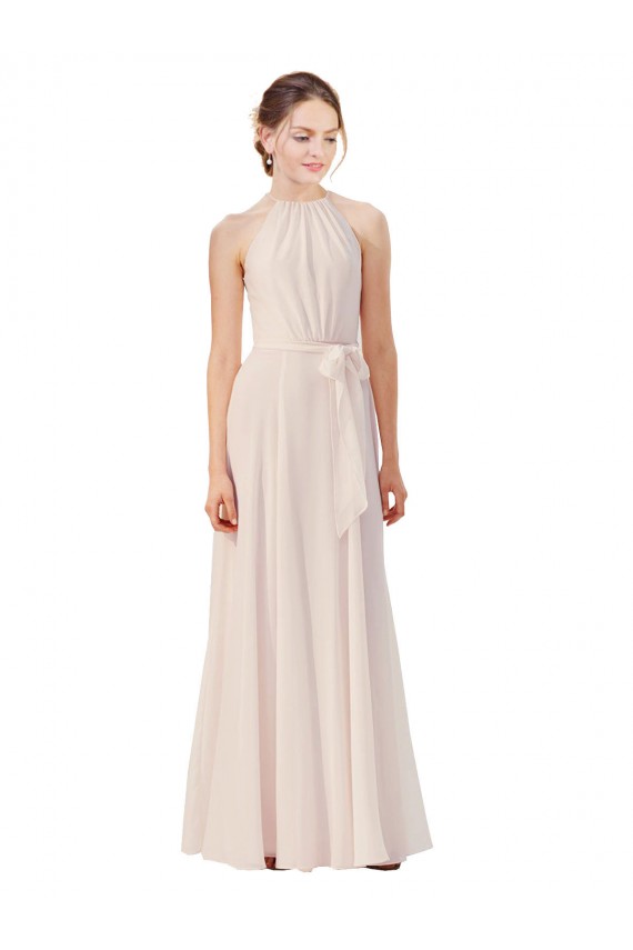 Großhandel Creme Rosa A-Linien Stehkragen Ausschnitt Chiffon Lange Brautjungfernkleider
