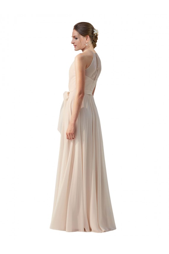 Großhandel Creme Rosa A-Linien Stehkragen Ausschnitt Chiffon Lange Brautjungfernkleider