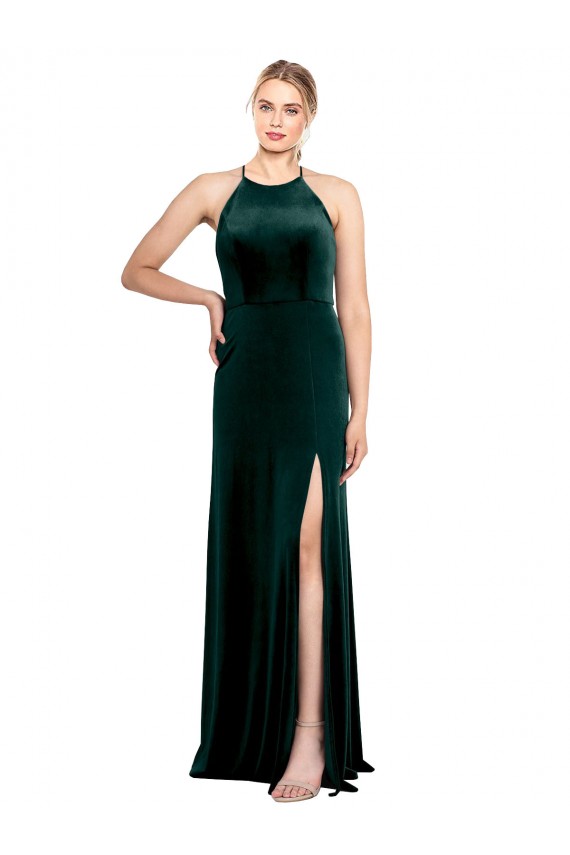 Großhandel Dunkelgrün A-Linien Spaghetti-Träger Jewel Neck Stretch-Samt Lange Brautjungfernkleider / Abiballkleider