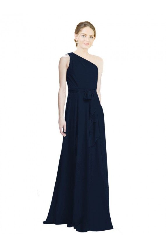 Großhandel Dunkelmarine A-Linien Eine-Schulter Chiffon Lange Brautjungfernkleider