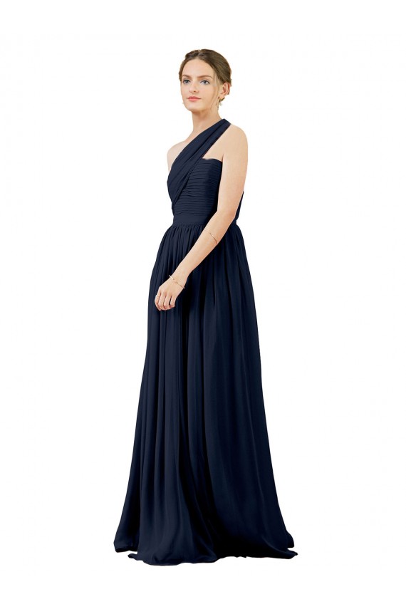 Großhandel Dunkelmarine A-Linien Eine-Schulter Chiffon Lange Brautjungfernkleider