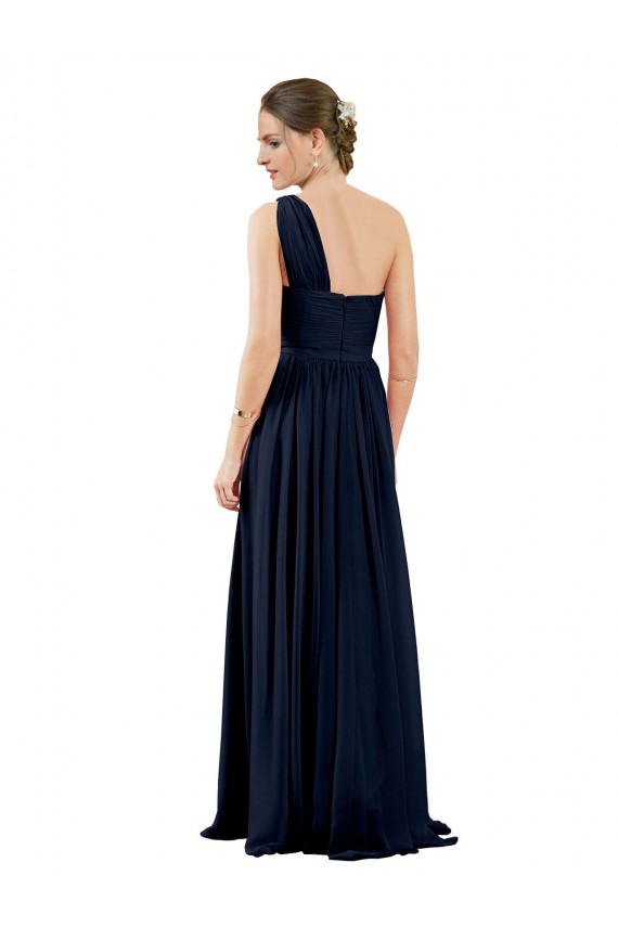Großhandel Dunkelmarine A-Linien Eine-Schulter Chiffon Lange Brautjungfernkleider