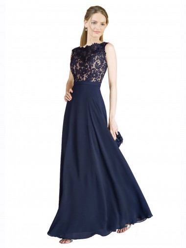 Großhandel Dunkelmarine A-Linien Illusion Ausschnitt Chiffon Spitze Lange Brautjungfernkleider / Abiballkleider