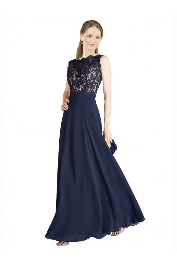Großhandel Dunkelmarine A-Linien Illusion Ausschnitt Chiffon Spitze Lange Brautjungfernkleider / Abiballkleider