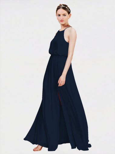 Großhandel Dunkelmarine A-Linien Neckholder Chiffon Lange Brautjungfernkleider
