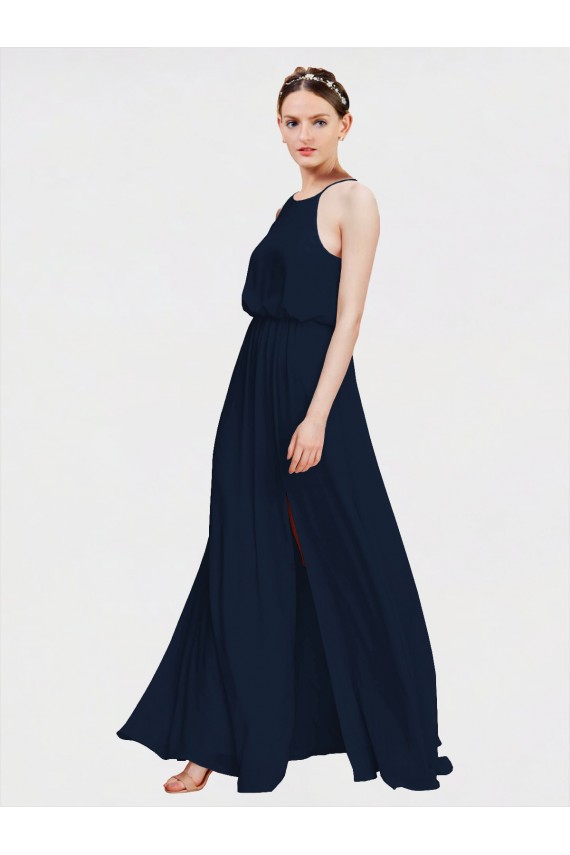 Großhandel Dunkelmarine A-Linien Neckholder Chiffon Lange Brautjungfernkleider