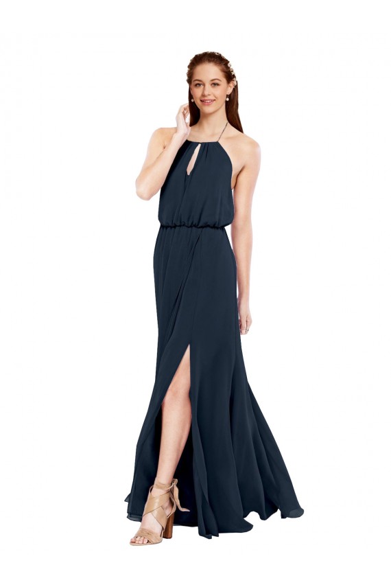 Großhandel Dunkelmarine A-Linien Neckholder Chiffon Lange Brautjungfernkleider