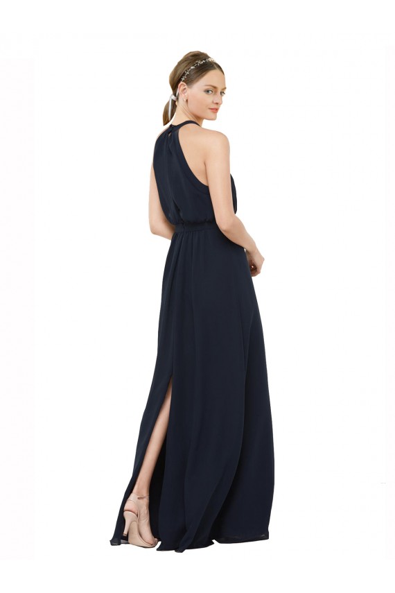 Großhandel Dunkelmarine A-Linien Neckholder Stehkragen Ausschnitt Chiffon Lange Brautjungfernkleider