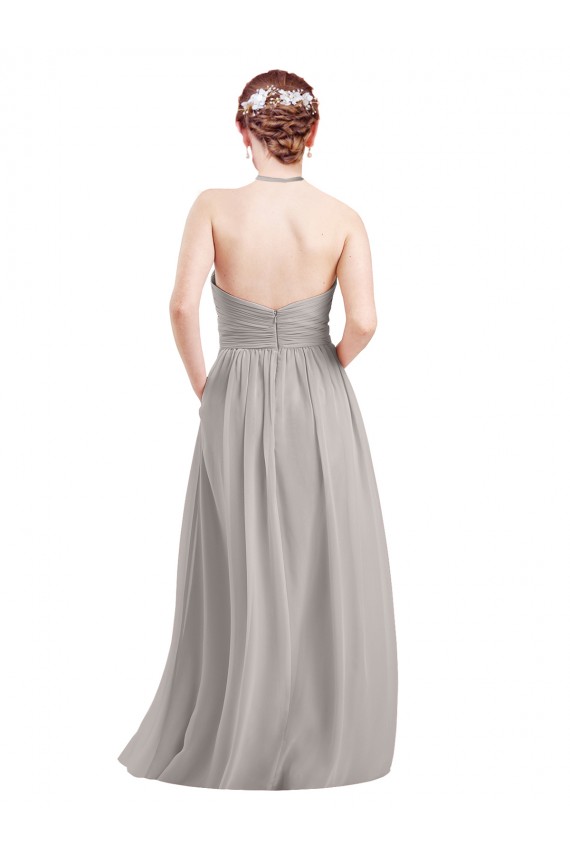 Großhandel Dunkelmarine A-Linien Neckholder Stehkragen Ausschnitt Chiffon Lange Brautjungfernkleider