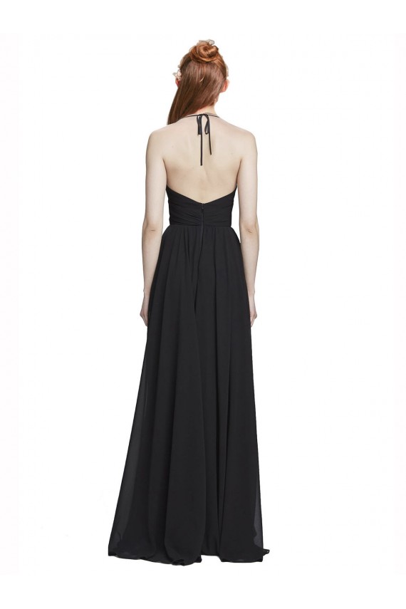 Großhandel Dunkelmarine A-Linien Neckholder V-Ausschnitt Chiffon Lange Brautjungfernkleider