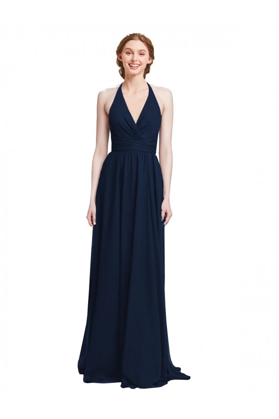 Großhandel Dunkelmarine A-Linien Neckholder V-Ausschnitt Chiffon Lange Brautjungfernkleider