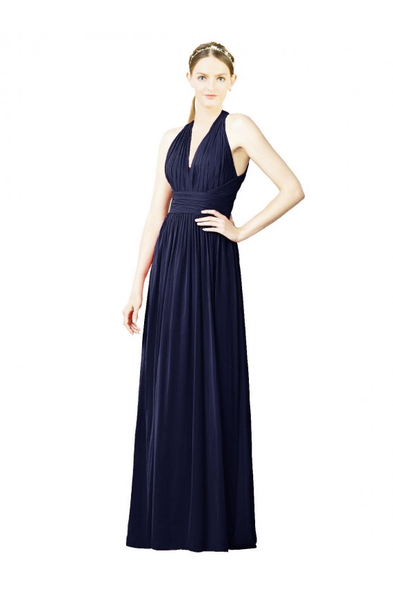 Großhandel Dunkelmarine A-Linien Neckholder V-Ausschnitt Chiffon Lange Brautjungfernkleider