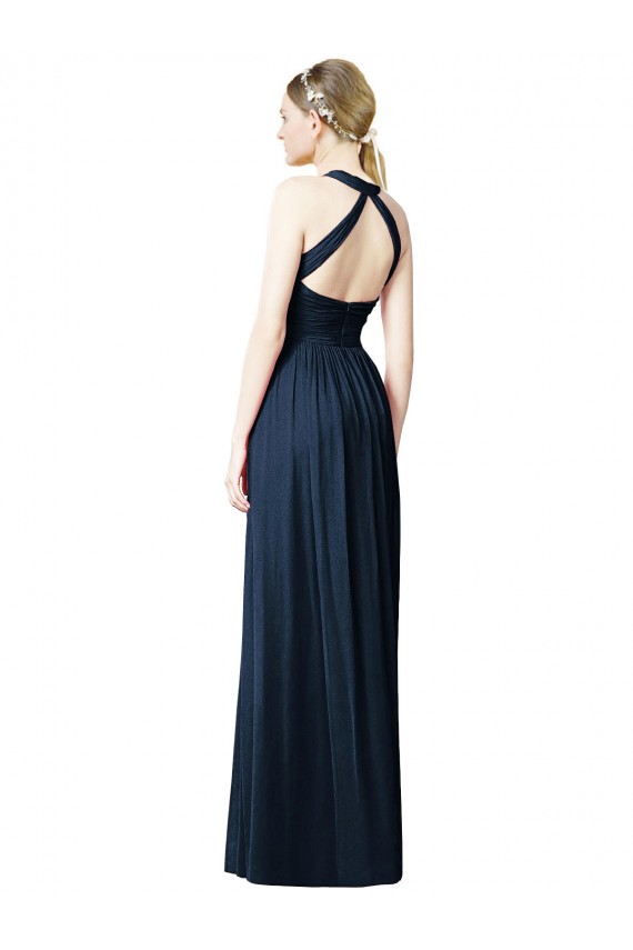 Großhandel Dunkelmarine A-Linien Neckholder V-Ausschnitt Chiffon Lange Brautjungfernkleider
