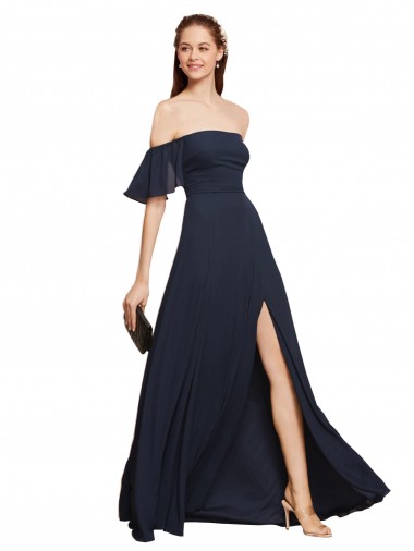 Großhandel Dunkelmarine A-Linien Off-Schulter Chiffon Lange Brautjungfernkleider / Abiballkleider