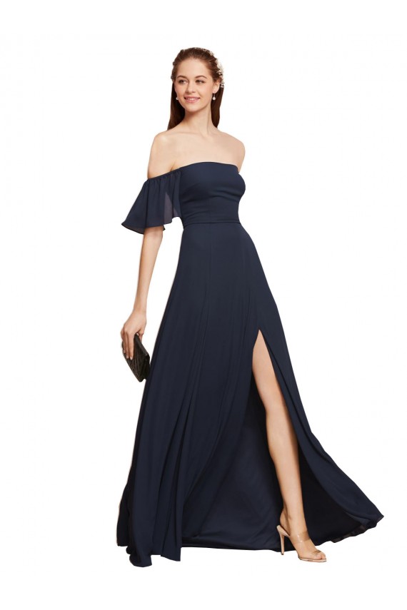 Großhandel Dunkelmarine A-Linien Off-Schulter Chiffon Lange Brautjungfernkleider / Abiballkleider