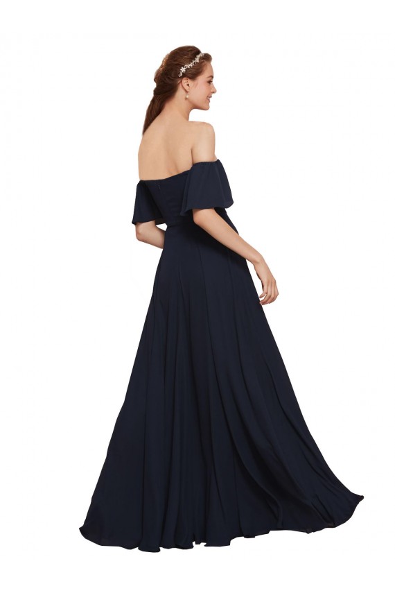 Großhandel Dunkelmarine A-Linien Off-Schulter Chiffon Lange Brautjungfernkleider / Abiballkleider