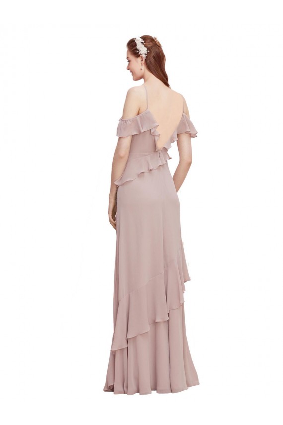 Großhandel Dunkelmarine A-Linien Off-Schulter Spaghetti-Träger Chiffon Lange Brautjungfernkleider