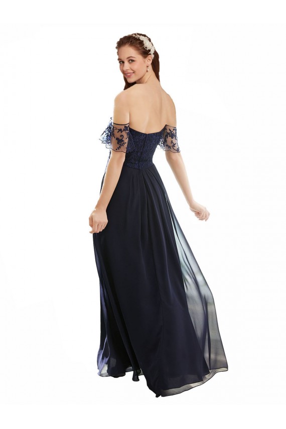 Großhandel Dunkelmarine A-Linien Off-Schulter V-Ausschnitt Chiffon Spitze Lange Brautjungfernkleider