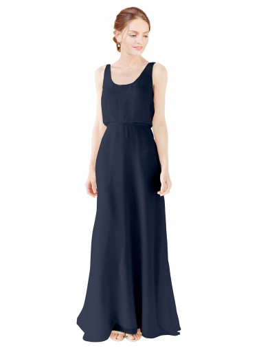 Großhandel Dunkelmarine A-Linien Scoop Chiffon Lange Brautjungfernkleider
