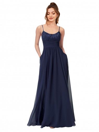 Großhandel Dunkelmarine A-Linien Scoop Chiffon Spitze Lange Brautjungfernkleider