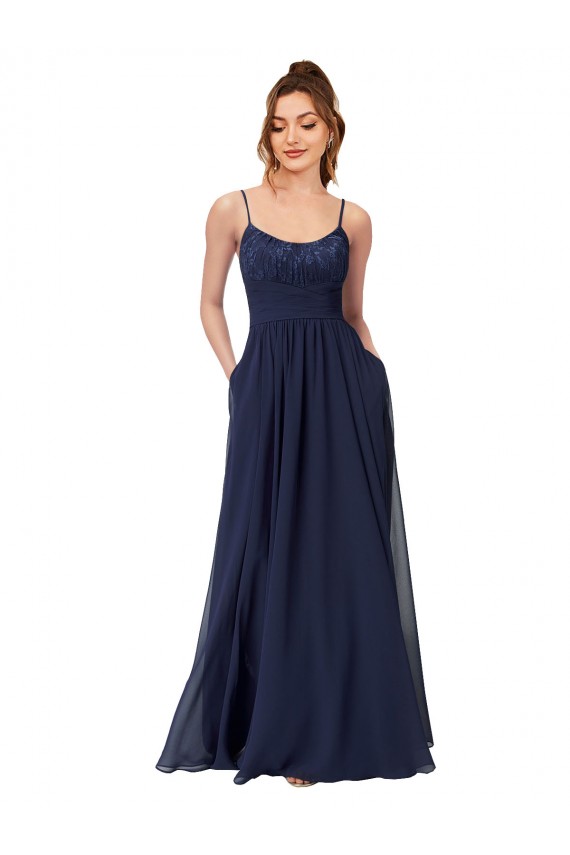 Großhandel Dunkelmarine A-Linien Scoop Chiffon Spitze Lange Brautjungfernkleider