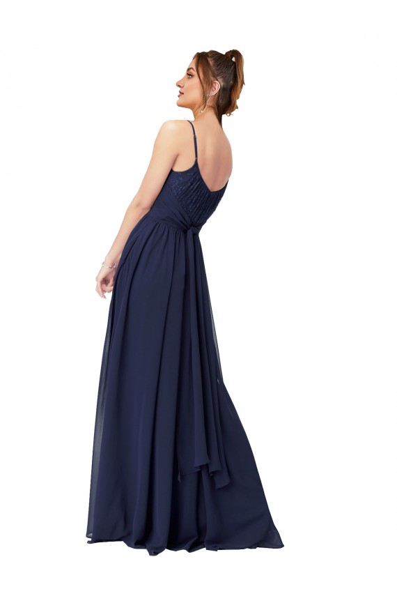 Großhandel Dunkelmarine A-Linien Scoop Chiffon Spitze Lange Brautjungfernkleider