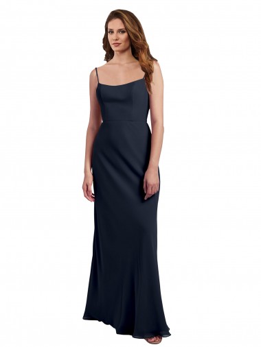 Großhandel Dunkelmarine A-Linien Spaghetti-Träger Scoop Chiffon Lange Brautjungfernkleider