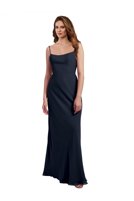 Großhandel Dunkelmarine A-Linien Spaghetti-Träger Scoop Chiffon Lange Brautjungfernkleider
