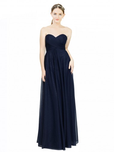 Großhandel Dunkelmarine A-Linien Trägerlos Chiffon Lange Brautjungfernkleider