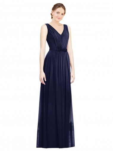 Großhandel Dunkelmarine A-Linien V-Ausschnitt Chiffon Lange Brautjungfernkleider