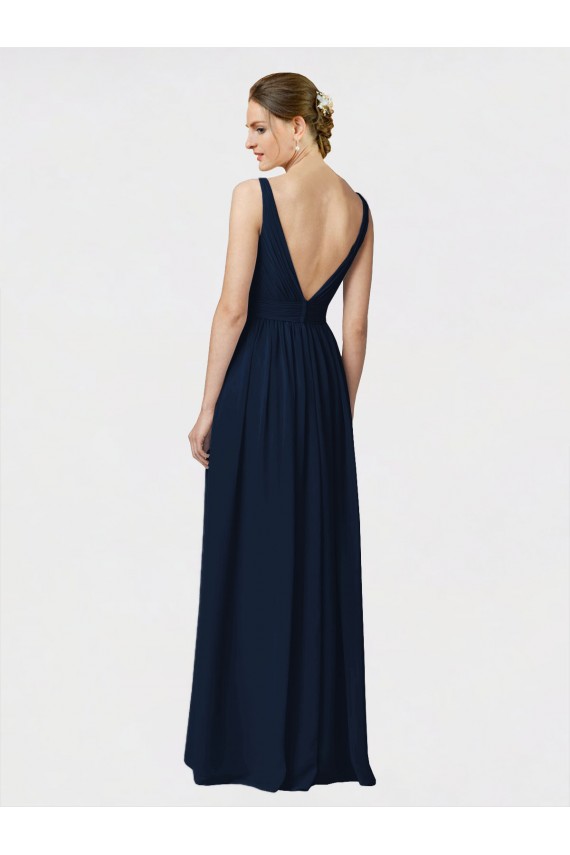 Großhandel Dunkelmarine A-Linien V-Ausschnitt Chiffon Lange Brautjungfernkleider