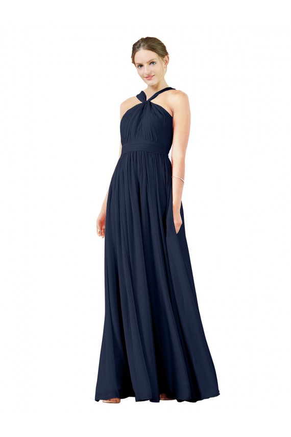 Großhandel Dunkelmarine A-Linien V-Ausschnitt Chiffon Lange Brautjungfernkleider