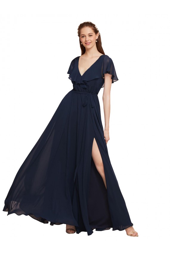 Großhandel Dunkelmarine A-Linien V-Ausschnitt Chiffon Lange Brautjungfernkleider